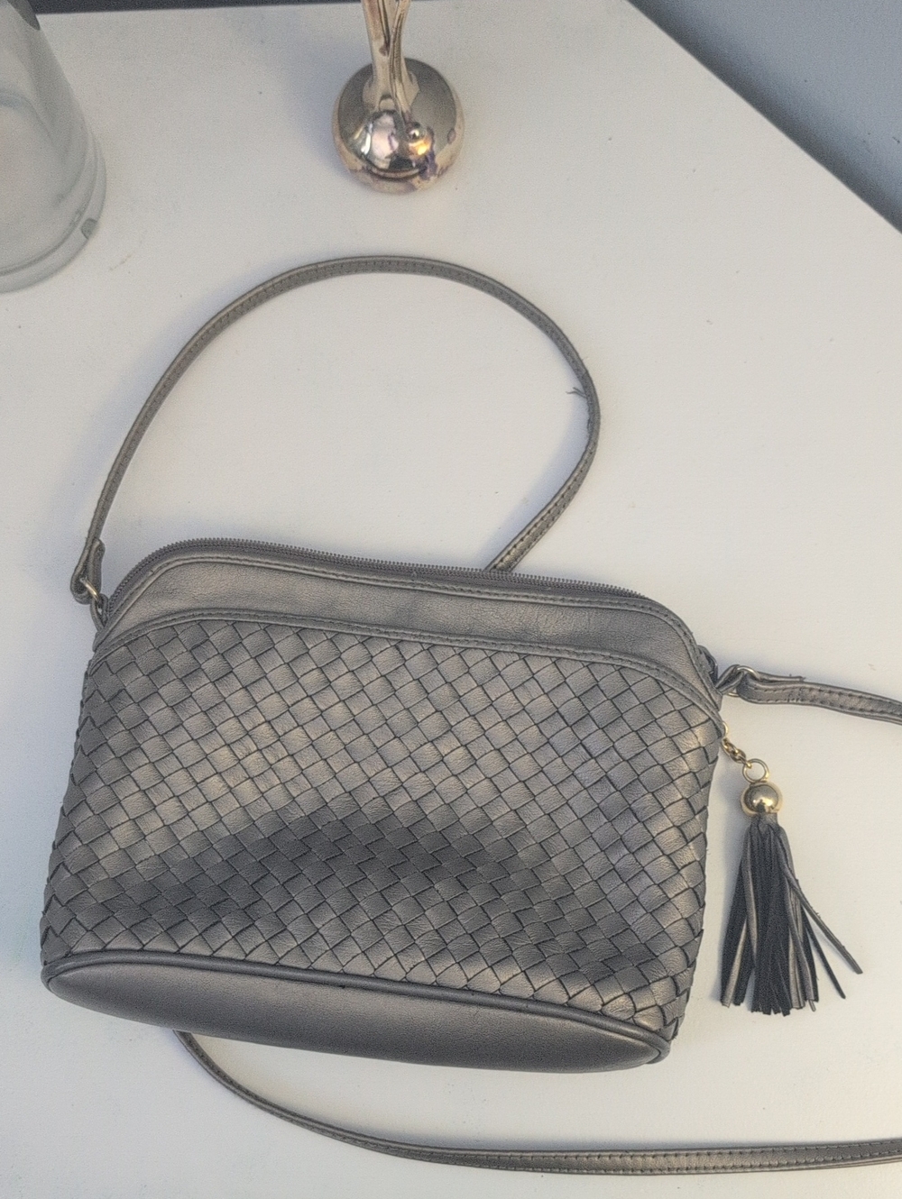 Woven Crossbody Bag with Tassel - Metalic Gray